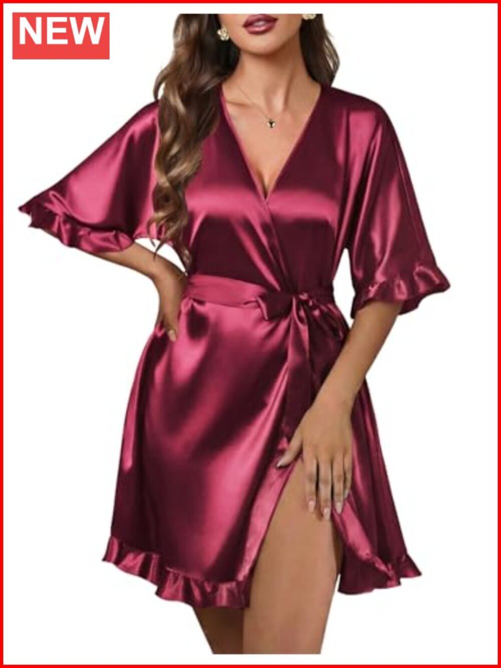 Silky Satin Kimono Robe Short Ruffle Sleeve V-Neck Women's Lightweight Bathrobe